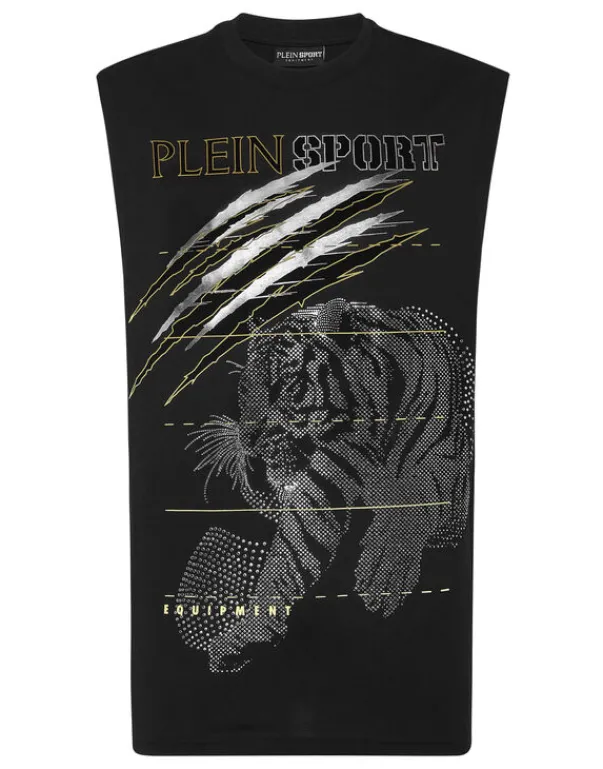 T-shirts^Plein Sport Cotton Dotted T-shirt Round Neck Sleeveless Lamina Tiger