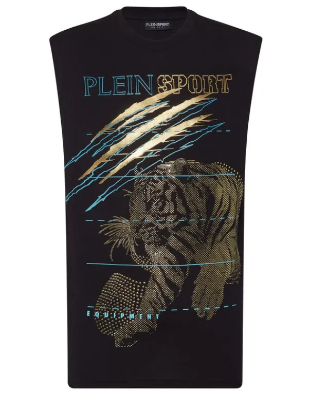 T-shirts^Plein Sport Cotton Dotted T-shirt Round Neck Sleeveless Lamina Tiger