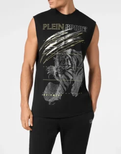 T-shirts^Plein Sport Cotton Dotted T-shirt Round Neck Sleeveless Lamina Tiger