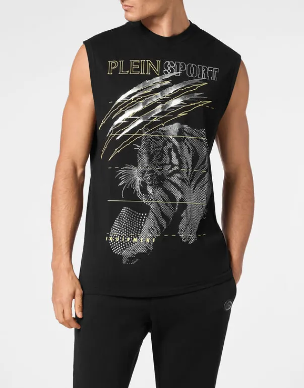 T-shirts^Plein Sport Cotton Dotted T-shirt Round Neck Sleeveless Lamina Tiger