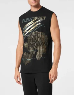 T-shirts^Plein Sport Cotton Dotted T-shirt Round Neck Sleeveless Lamina Tiger