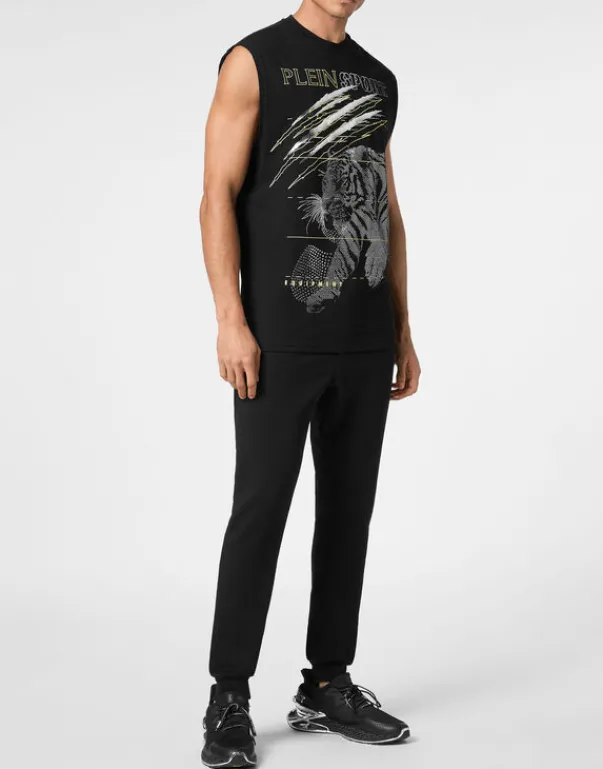 T-shirts^Plein Sport Cotton Dotted T-shirt Round Neck Sleeveless Lamina Tiger