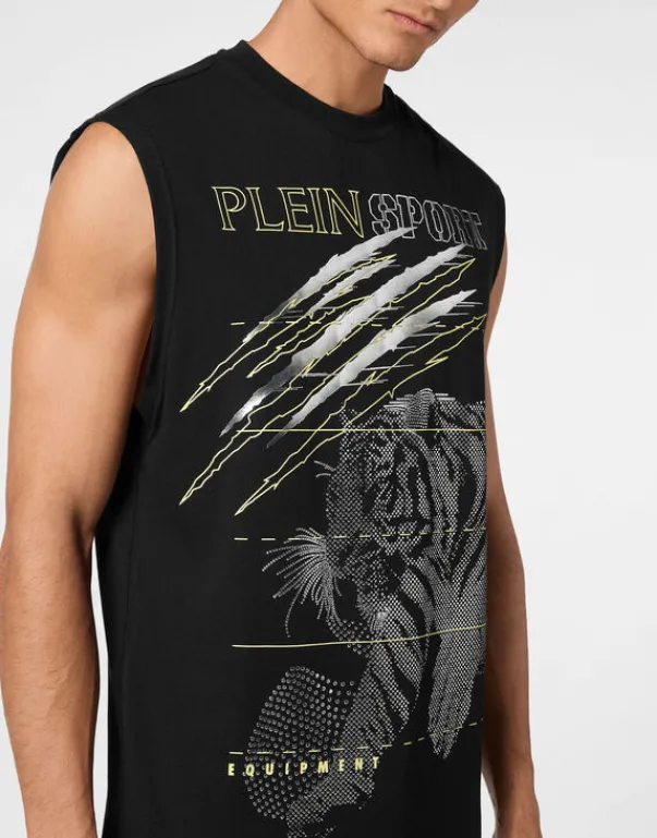 T-shirts^Plein Sport Cotton Dotted T-shirt Round Neck Sleeveless Lamina Tiger