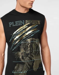 T-shirts^Plein Sport Cotton Dotted T-shirt Round Neck Sleeveless Lamina Tiger