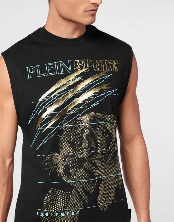 T-shirts^Plein Sport Cotton Dotted T-shirt Round Neck Sleeveless Lamina Tiger